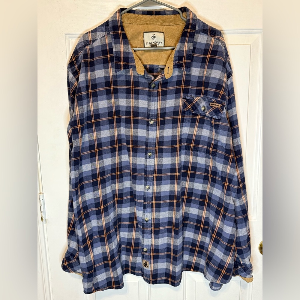 Legendary Whitetails Blue white and Orange Plaid Flannel Shirt 5xl